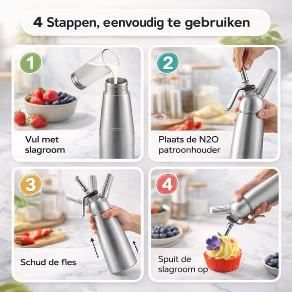 Kremdispenser 500ml Aluminium med rustfrie stålspisser, Profesjonell kremmaskin for desserter, kaffe og baking, Sølv