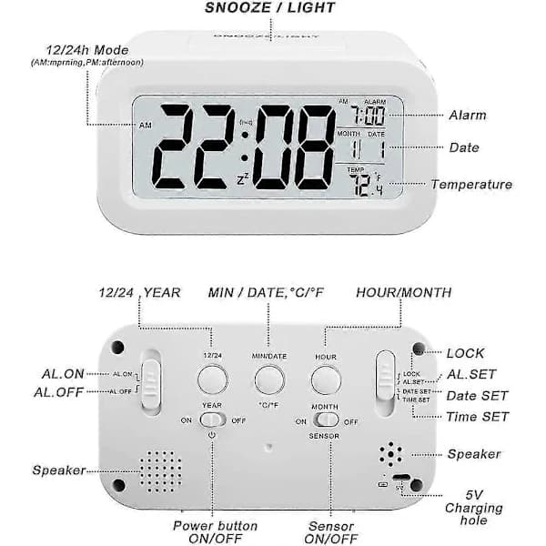 Rechargeable Alarm Clocks, Digital Alarm Clock Bedside Outlet with Smart Light Sensor, 12/24 Hour Date White