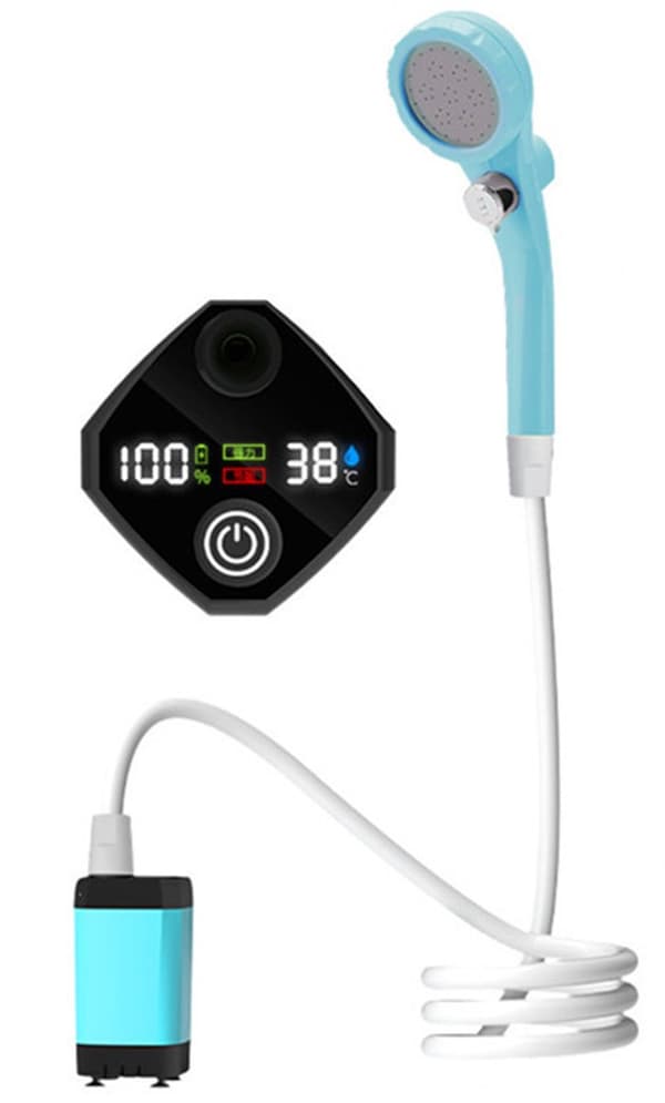 Bærbar campingsdusj med 6000mAh batteri, digitalt display, 3 vanntrykksmoduser for camping, reise, hage, blå