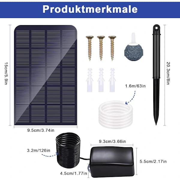 Solcelledamlufter, 2,5 W solcelleluftpumpe, solcelledamppumpe, akvarium