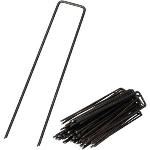 Ulisem 100 Stk. Stålpløkker til Havearbejde 150x25mm - Pløkker til Sikring af Ukrudtsdug og Net - Sort.ca