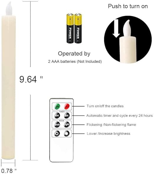 6-pack Battery Operated LED Candles with Remote Control and Timer, Real Wax, Flickering Warm White Light D