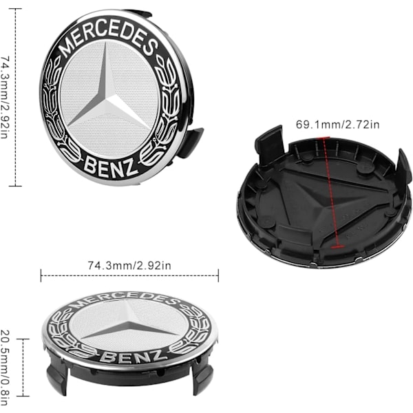 Navkapslar, 4 st 75 mm Navkapslar Benz Biltillbehör med Logotyp, med Tre Förtjockade Spännen för Benz Navkapslar