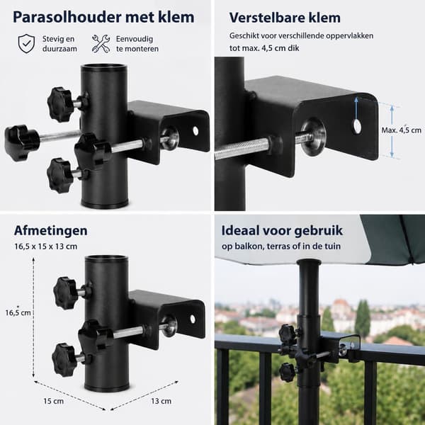 Paraplyklemmeholder, justerbar solid metallparasollfeste for lastesykler, markedsboder, terrasser og campingvogner, svart