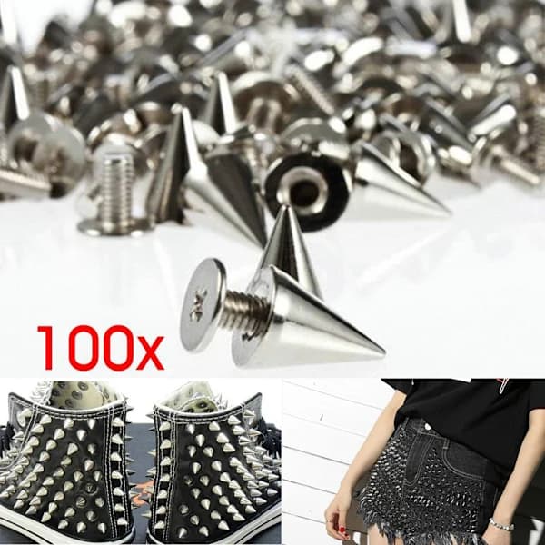 100 stk/sæt 9,5 mm Nitar Spiker Skruvbak Kon Spikar Punk Stil