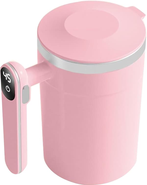 Selvrørende krus, 304 rustfrit stål, automatisk blanding, temperaturdisplay, lækagesikkert låg, til kaffe, te, shakes, pink 400 ml