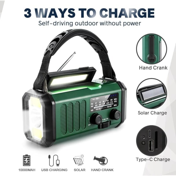 REMAKE Nödradio med vev, 10000mAh batteri - NOAA/AM/FM väderradio - LED-ficklampa och läslampa - SOS-alarm WELLNGS