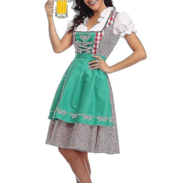 Kvinnors Oktoberfest-dräkt Vuxen Dirndl Tysk Traditionell Bayersk Ölkarneval Fraulein Cosplay Piga Klänning Outfit Grön XL