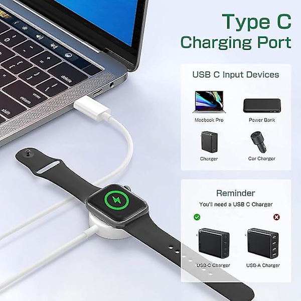 Klocka, 1 m snabb trådlös magnetisk laddningskabel Bärbar laddningssladd typ C kompatibel med Apple Watch Series Se Ultra 2