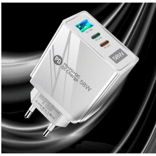 58W USB C Väggladdare 3-Port GaN PD Snabbladdning Dubbel USB-C vit vit white