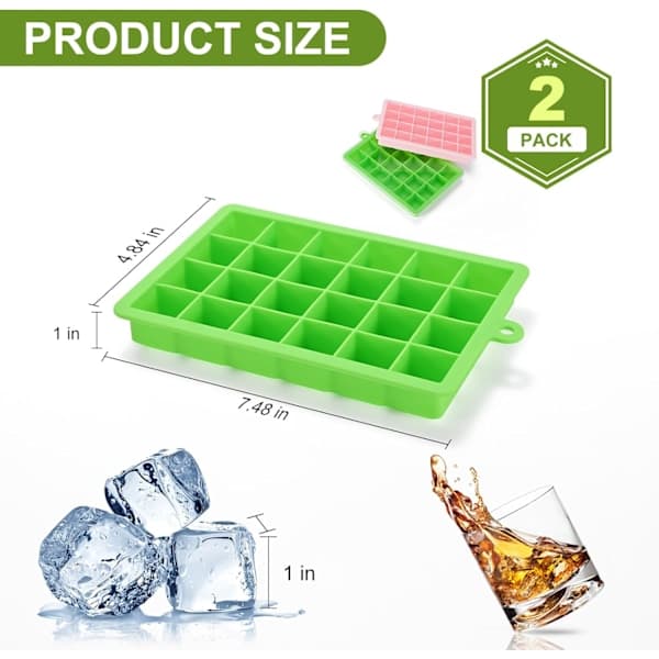 Silicone Ice Cube Tray, Flexible Ice Tray with Removable Lid, 2 Pack Ice Cube Molds and 24 Ice Cubes Per Tray
