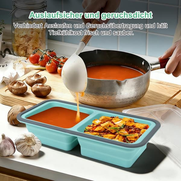 Silikonsoppfrysförpackning med lock, 2 fack, 1000 ml, livsmedelssäker, för måltidsförberedelser, soppor och såser, blå