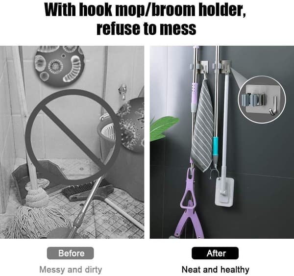 Broom Mop Holder, 2 Pack Wall Mounted Self Adhesive Stainless Steel Brush Handle Holder with Hook