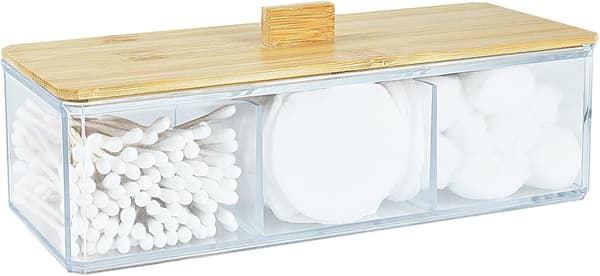 Akryl Q-tips hållare dispenser med trälock, 3 fack bomullstops hållare
