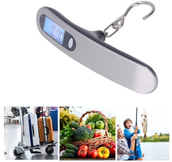 Digital bagasjevekt, bærbar ABS og rustfritt stål, 50 kg kapasitet, LCD-skjerm, fire enheter, for reise, sølv