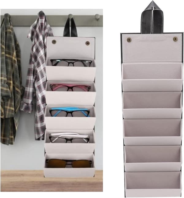 Hængende solbrilleorganizer, foldbar PU-læder brilleholder til flere briller, mænd og kvinder, sort