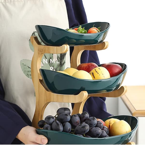3-vånings Fruktskål Med Trähållare Snacks Godis Kök Grön