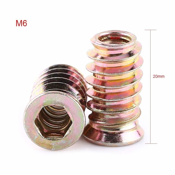M6 x 20 mm gjengeinnsats, treinnlegg, skrueinnsatser, sinklegering gjenget sekskantmutter, skrueinnsats sekskanthylse (100 stk) M6×20 M8×15