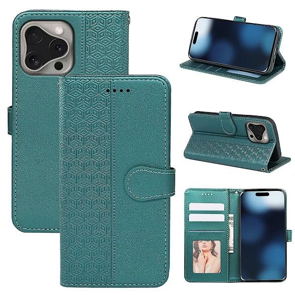Flipfodral i skinn med kubisk rutenettdesign for iPhone 16 Pro -