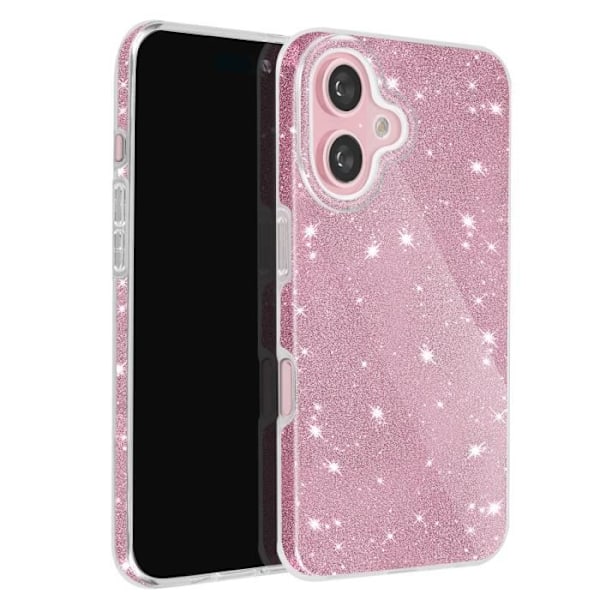 Glitteretui for iPhone 16 i pudderrosa silikon og polykarbonat