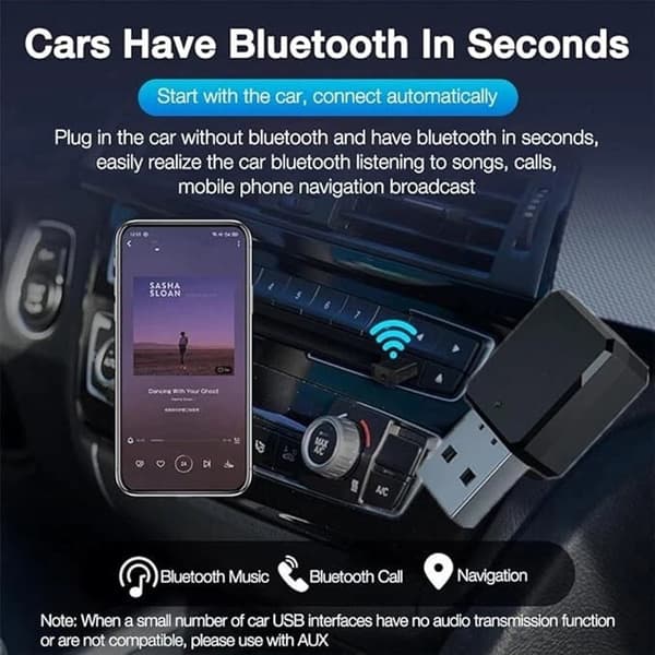 Bluetooth 5.1 USB-adapter, sender/mottaker med 3,5 mm AUX-kabel, håndfri lyd for biler, høyttalere og hodetelefoner