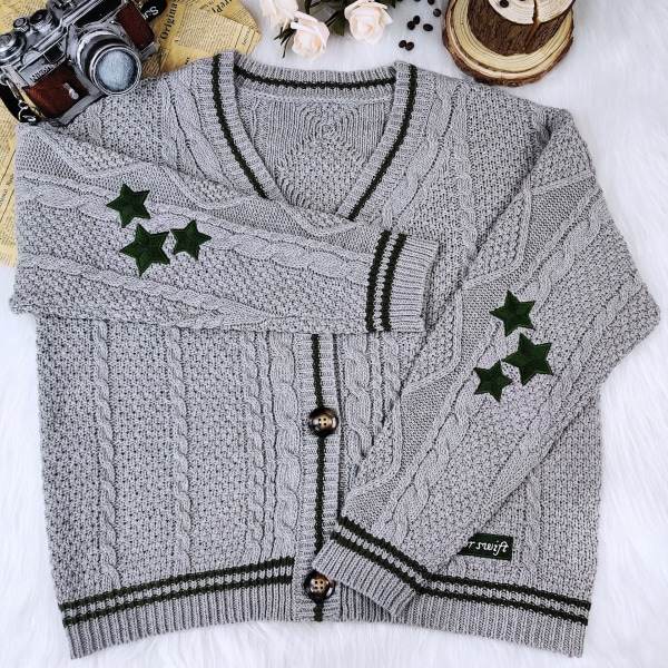 Taylor Swift Star Folklore Cardigan Tähti Brodeerat Oversized Neulotu Ylös-paita Harmaa XL