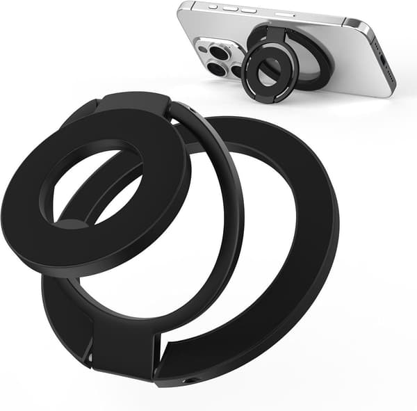 Magnetisk telefonringholder med dobbeltsidede magneter, 360 roterende støttefod til iPhone og Android, sort