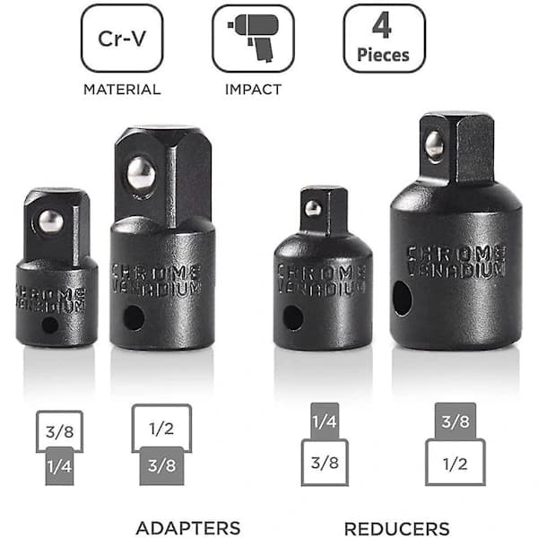 4-delt forhøjer- og reduktionssæt skraldenøgleadapterreduceringsstykker adaptere til 1/2 \" 1/4 \" 3/8 \" drivfatninger og bits