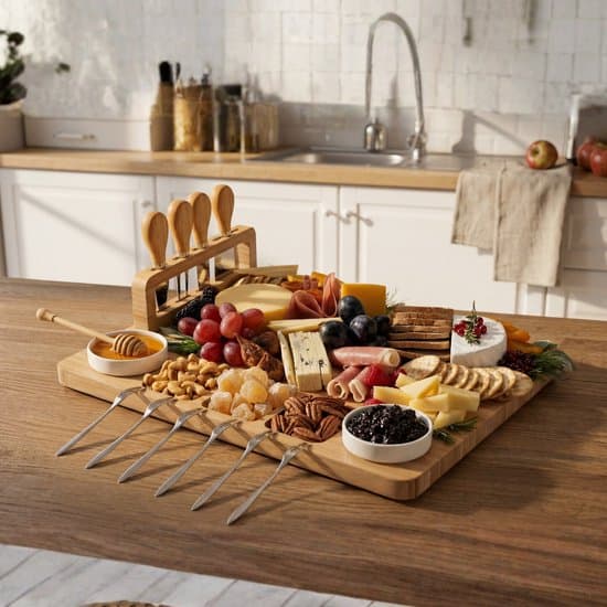 Set med charkuteribräda, ostbräda i bambu och knivset med 4 ostknivar, 6 gafflar, 2 såsskålar och extra serveringsfat för fester