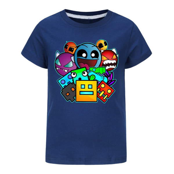 Børne Drenge Piger Geometri Dash Korthærmet T-shirt Tegneserie Print Sommer Bluser Navy Blue 11-12 År