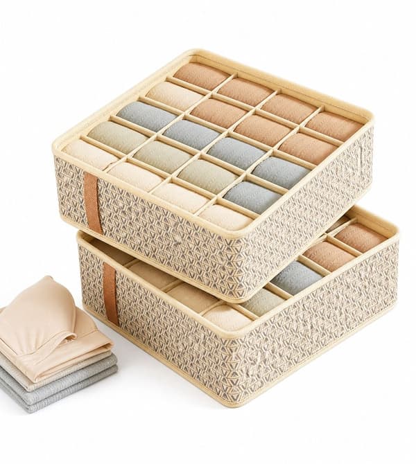 2-delt foldbar undertøjsorganizer, opbevaringsbokse med rum til bh'er og sokker, garderobeskuffeorganizer til soveværelset, beige
