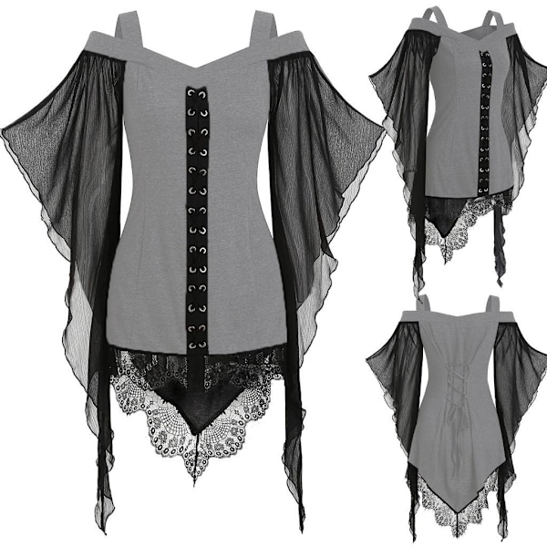 Women Gothic Criss Cross Lace Insert  Sleeve T-shirt Plus Size Tops