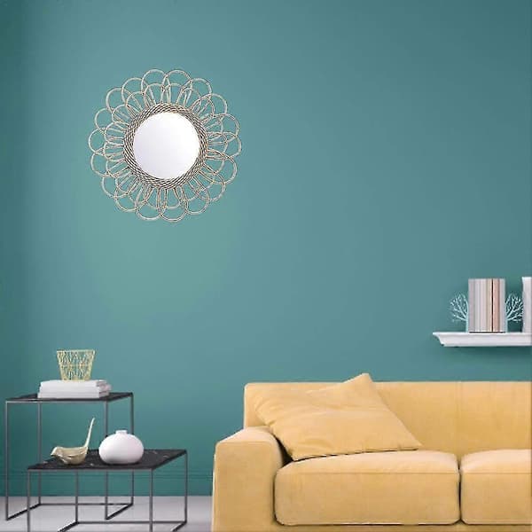 Hanging Mirror Rattan Sunflower Circular Wall Mirror Decor Boho Wicker Makeup Mirrors