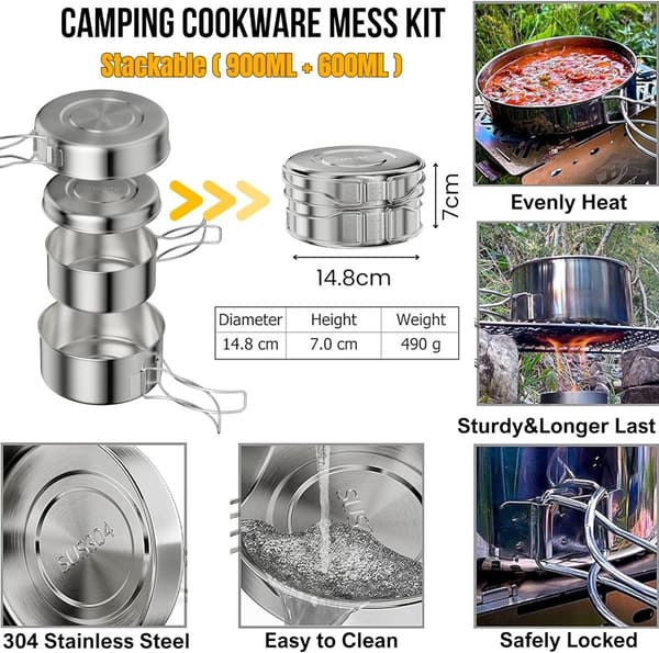 Campingkogesæt, 4-dele rustfrit stål gryder, pande og tallerken med foldbare håndtag, kompakt indlejringsdesign til backpacking
