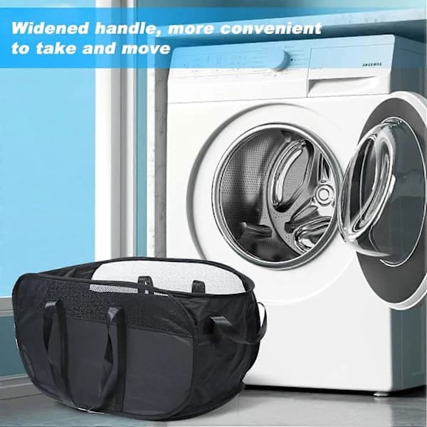 Popup Mesh Laundry Basket Large Foldable Mesh Hamper, Lightweight Mesh Basket with Handles Dirty Clothes Basket (Black)
