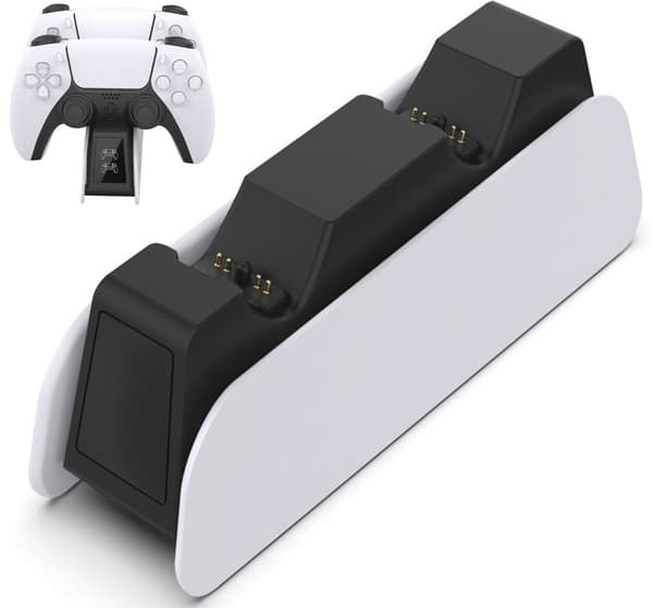PS5 Controller Opladningsdock, Dobbelt Hurtigoplader Stand med LED-indikator og Sikker Beskyttelse til Gamere, Sort Hvid