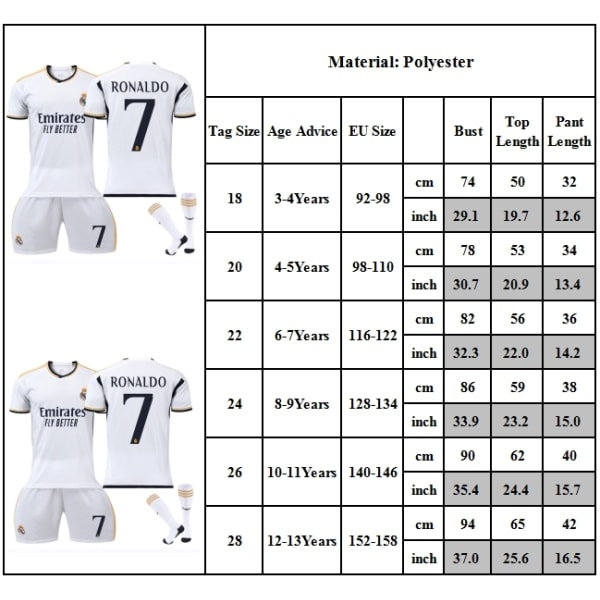 2023-2024 Real Madrid Fodboldtrøje Nr. 7 Vinicius Trøjesæt Fodboldtrøje med Strømper 3-4 År