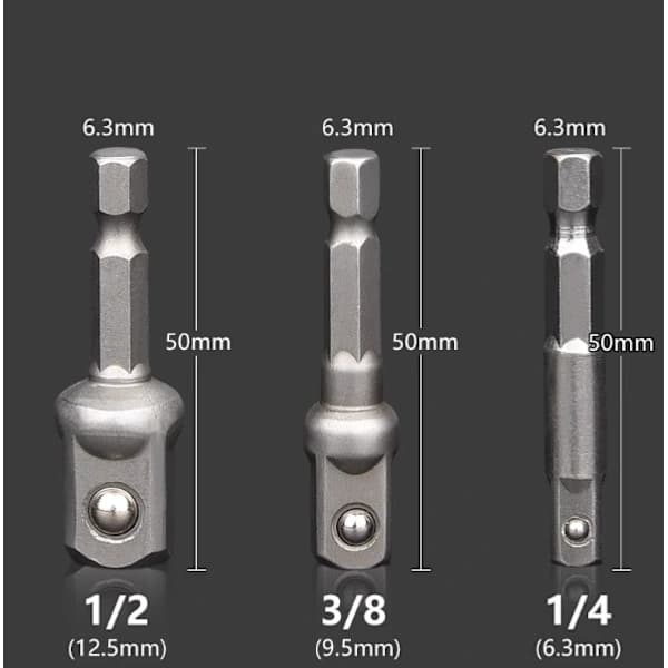 Hylseadaptersett med sekskantfeste for muttertrekkere (1/4\", 3/8\", 1/2\").