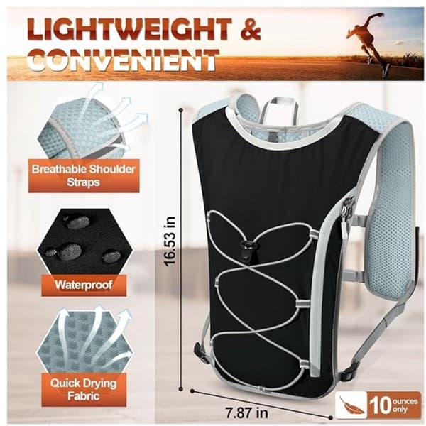 Hydreringsløbevest, åndbar polyester, refleksstriber, telefonholder, til løb, cykling og maraton, sort