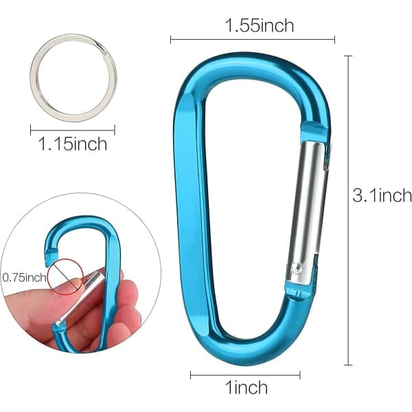 6 st svarta karbinhakar, 3\" stora D-ringformade karbinhakar i aluminium med 6 st nyckelringar
