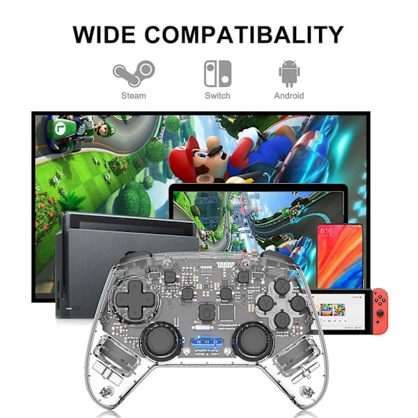 Spilcontroller til PC/Switch/Tesla Model 3/y/x/s, transparent LED-baggrundsbelysning, understøtter dobbeltmotor og dobbelt vibrationsfunktion (transparent s...