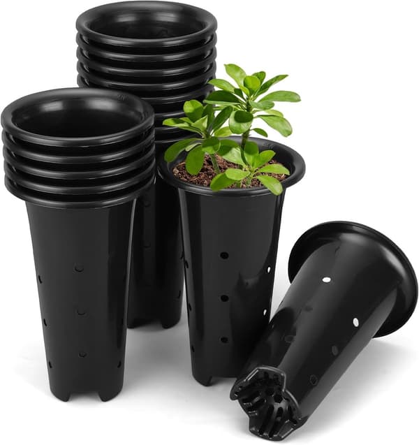 Dype planteskolepotter, 8-pakning, 22 cm høye, solid plast med dreneringshull for frøplanter og dyp-rotfestede planter, svart
