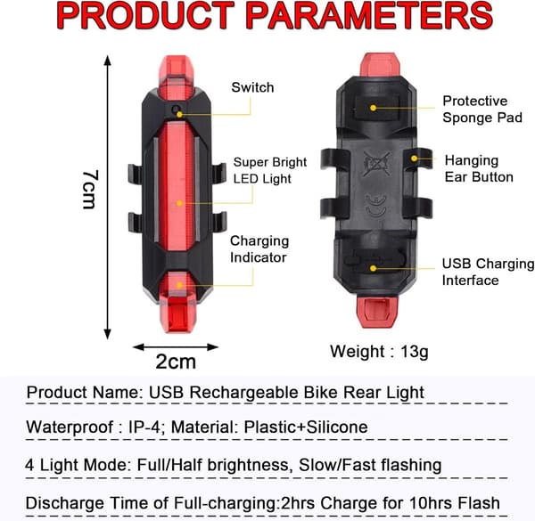 2-pakning USB oppladbare LED-baklykter for sykkel, vanntett, 4 moduser, sikkerhetsvarsellys for MTB, menn, kvinner og barn