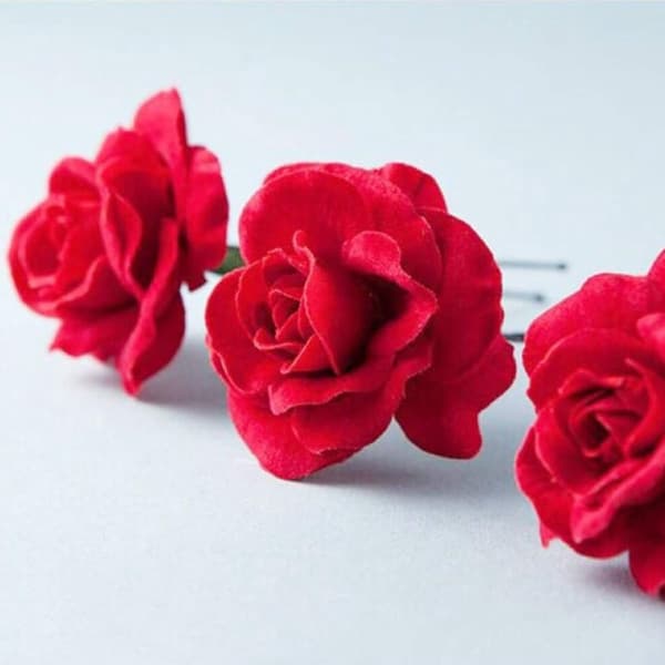 Ros U-formade hårnålar, set om 6, håraccessoarer med tygblommor för kvinnor, flickor, bröllopsfester, dagligt bruk, röd
