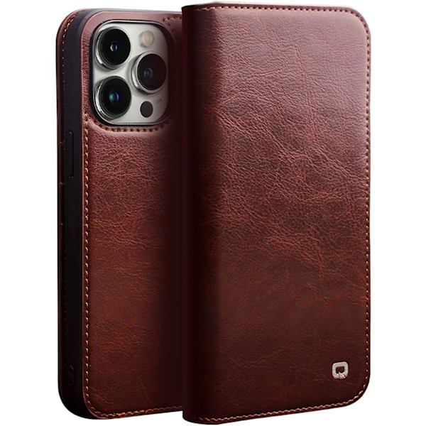 Læderetui til iPhone 14/14 Plus/14 Pro/14 Pro Max, Premium Ægte Læder og TPU Inderskal Slimline Magnetisk Folio Cover med 3 Kortlommer Iphone 14