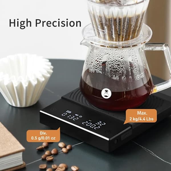 2025 Senaste modellen kaffevåg Basic 2.0 elektronisk espressoskala med vattenflödeshastighet och timerfunktion, fri växling av uns/kg-enhet
