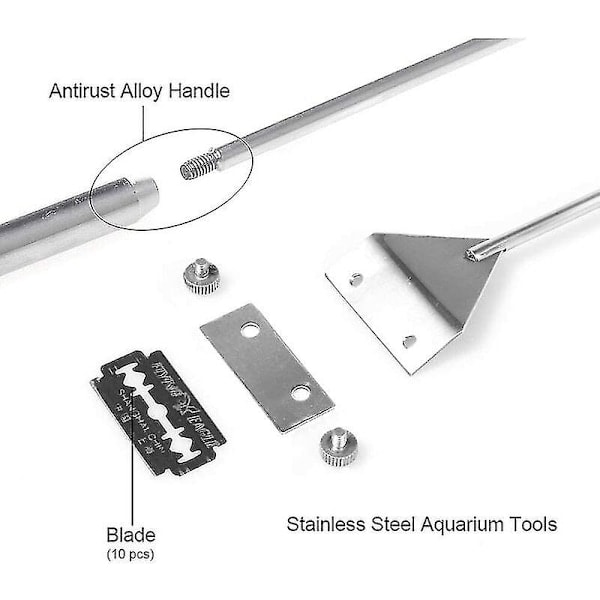Algeskraber 65 cm lang, med blad af rustfrit stål, rengøringsværktøj til glasakvarium, inklusive 10 blade (FMY)