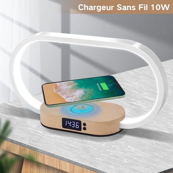 Trådløs Lader Sengelampe, Touch med USB-Port, Induksjonslader med Klokke, Bordlampe med 3 Fargemoduser og Dimbar, Tre & Hvit