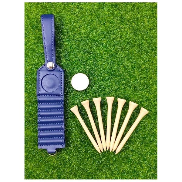 [CA] Golf Tee Holder i Læder, Sæt med 7, Inkluderer 7 Tees og Boldmarkører, Golftilbehør, Blå Blue