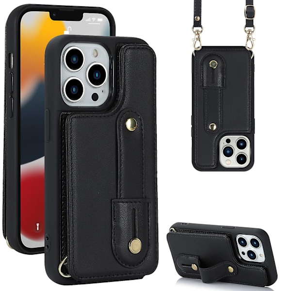 For iPhone 12/12 Pro Kortholder Telefondeksel Armbånd Støtte Pu Lær+tpu Deksel Black